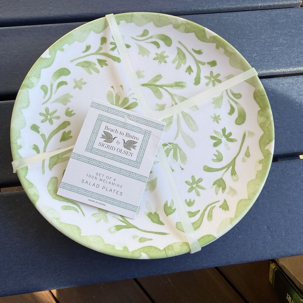 Sigrid Olsen Beach To Bistro Green Floral Scroll MELAMINE Salad Plates Set Of 4